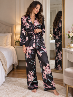 Silk Long Sleeve Nightgown & Trouser Set