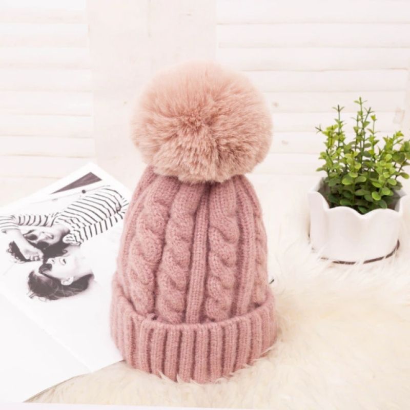 Women Braided Beanie for Holidays With Removable Pom-pom