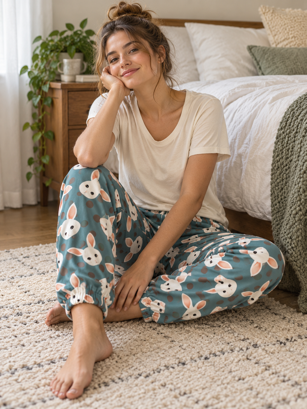 Women's 100% Cotton Rabbit Print Pajama Bottoms