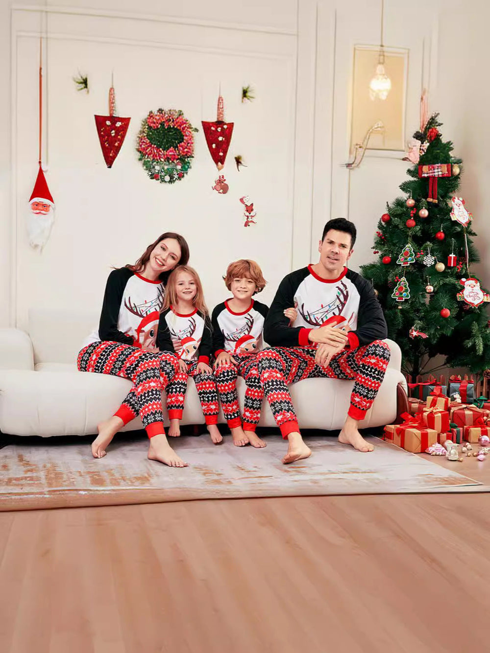 Christmas Deer Print Long Sleeve Parent-Child Pajamas - front view
