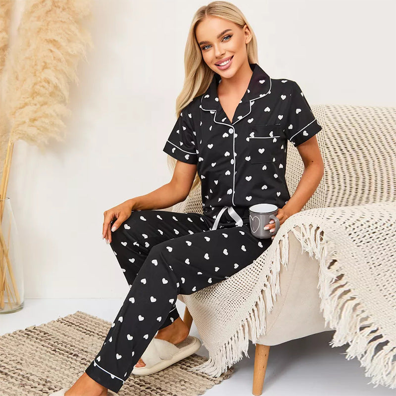 Women's Black Heart Cotton Pajama Set - front view