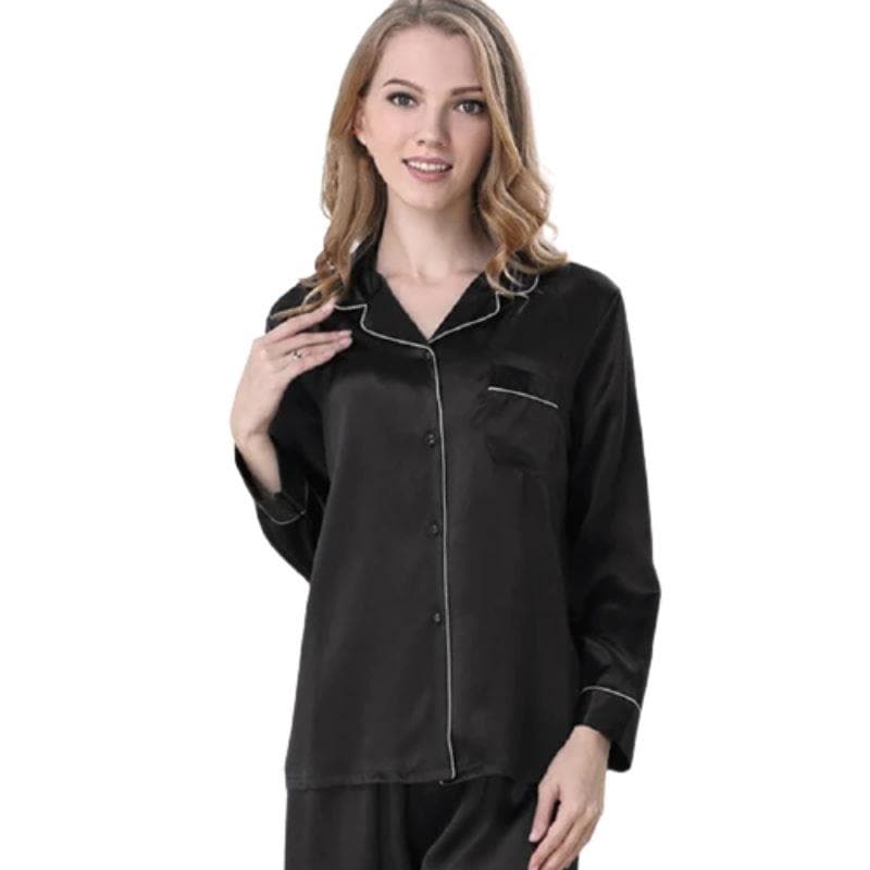 Women's Black Silk Pajama Set - front view