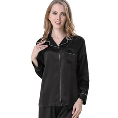Women's Black Silk Pajama Set - front view