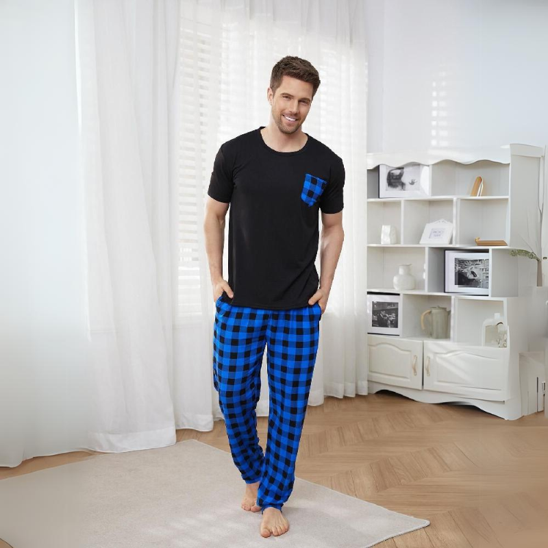 Men's Blue Check Short Sleeve Pajama Set - back view