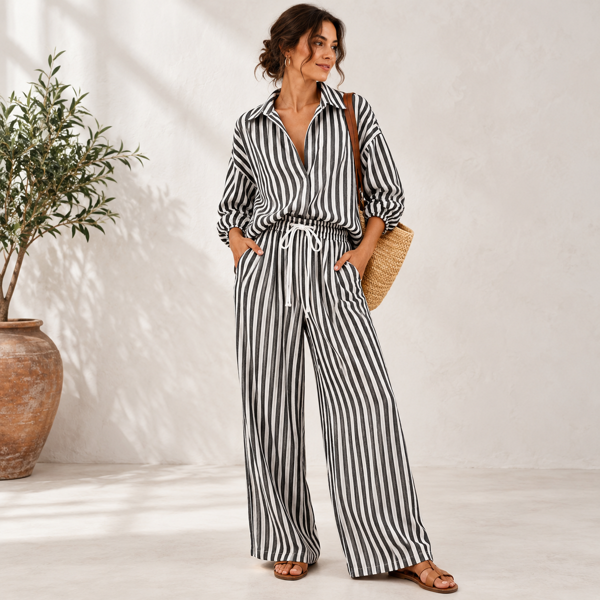 Coastal Stripe Relaxed Shirt & Wide-Leg Pants Set - side view