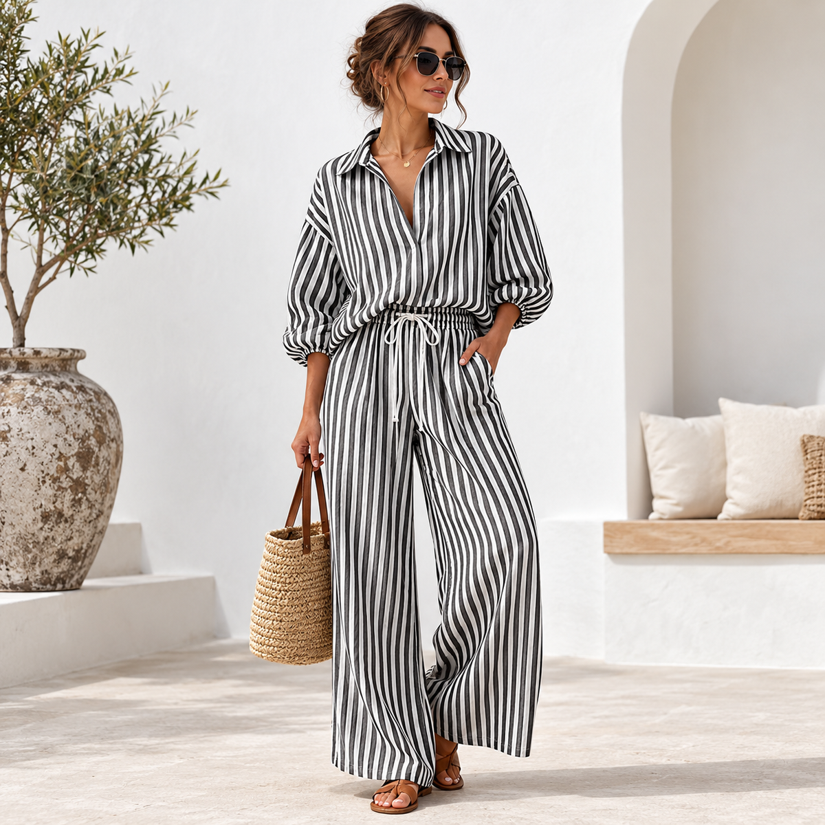 Coastal Stripe Relaxed Shirt & Wide-Leg Pants Set - lifestyle shot
