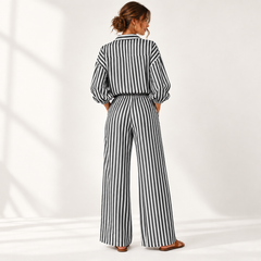 Coastal Stripe Relaxed Shirt & Wide-Leg Pants Set - fabric detail