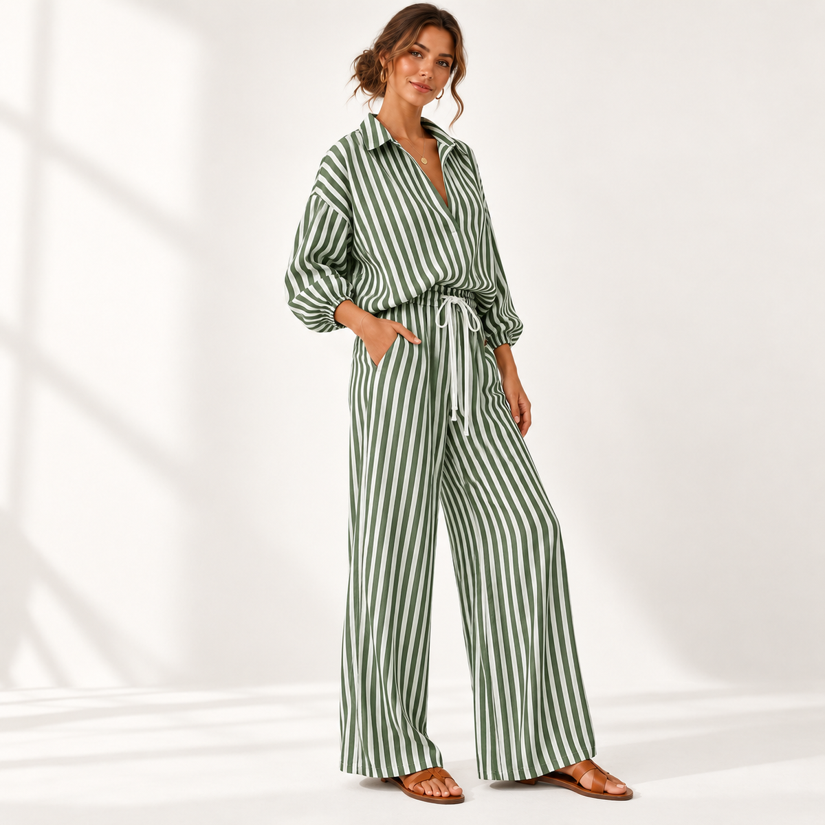 Coastal Stripe Relaxed Shirt & Wide-Leg Pants Set - model wearing