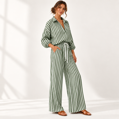 Coastal Stripe Relaxed Shirt & Wide-Leg Pants Set - model wearing
