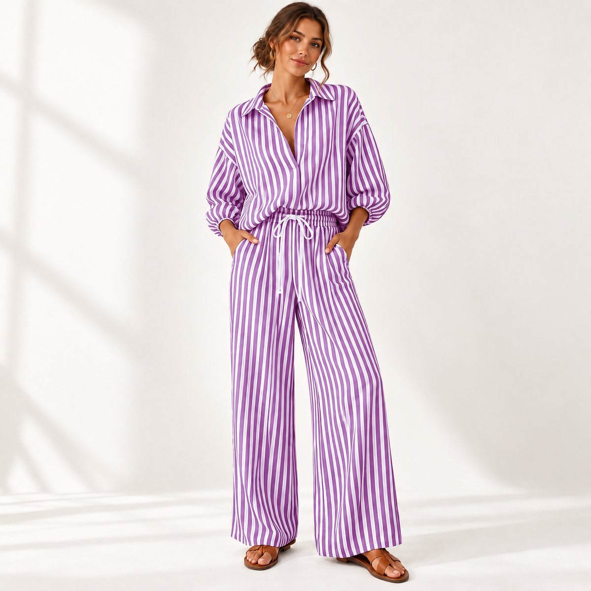 Coastal Stripe Relaxed Shirt & Wide-Leg Pants Set - model wearing