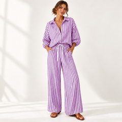 Coastal Stripe Relaxed Shirt & Wide-Leg Pants Set - model wearing