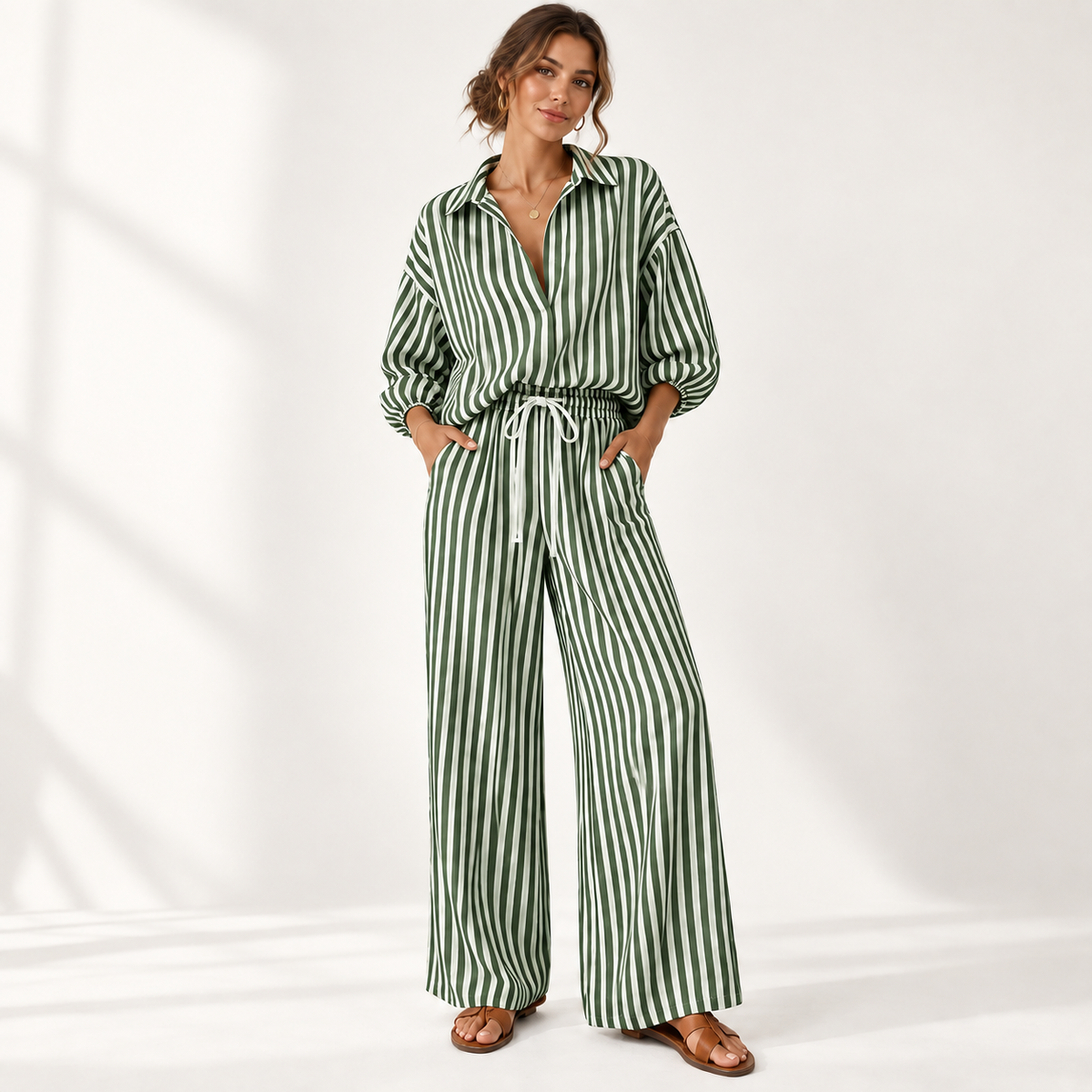 Coastal Stripe Relaxed Shirt & Wide-Leg Pants Set - side view