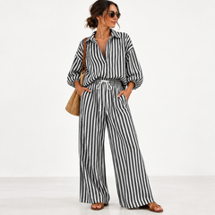 Coastal Stripe Relaxed Shirt & Wide-Leg Pants Set - model wearing