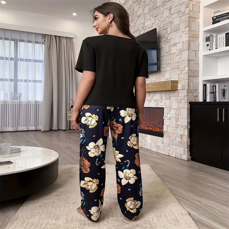 Women's Flower Print Short-Sleeve Pajama Set - back view