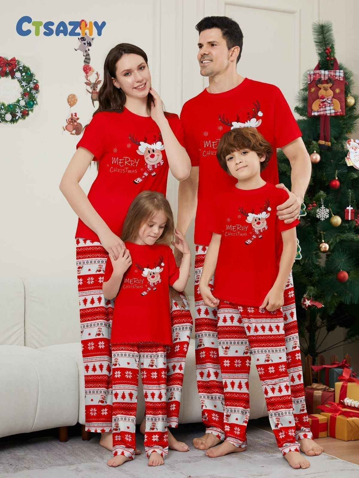 Deer Print Short Sleeve Christmas Pajama Set - front view