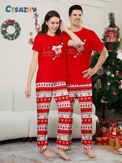 Deer Print Short Sleeve Christmas Pajama Set - fabric detail