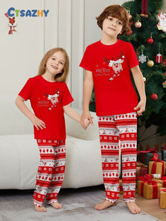 Deer Print Short Sleeve Christmas Pajama Set - model wearing