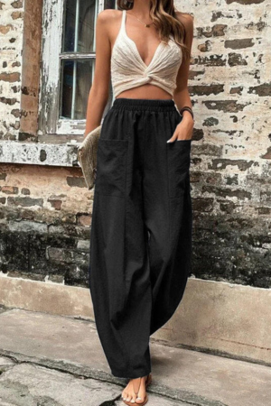 Drawstring Wide-Leg Palazzo Pants - model wearing