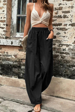 Drawstring Wide-Leg Palazzo Pants - model wearing