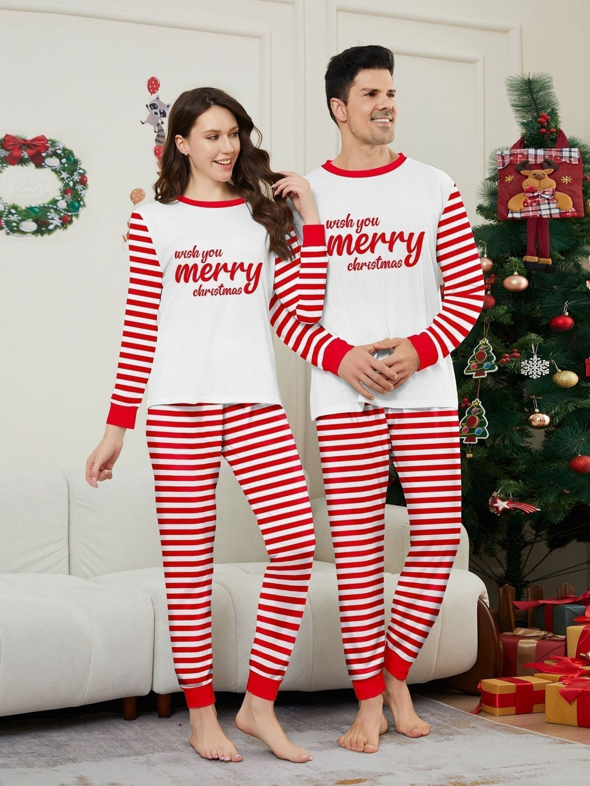 Red and White Striped Family Christmas Pajamas - back view