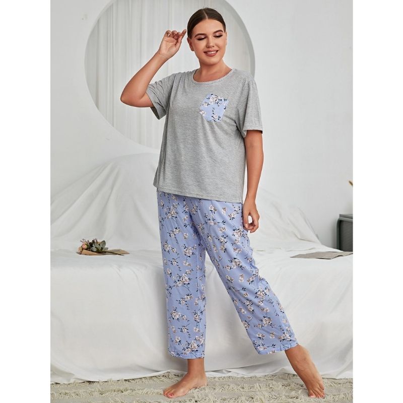Women's Plus Size Floral Print Pajama Set - front view