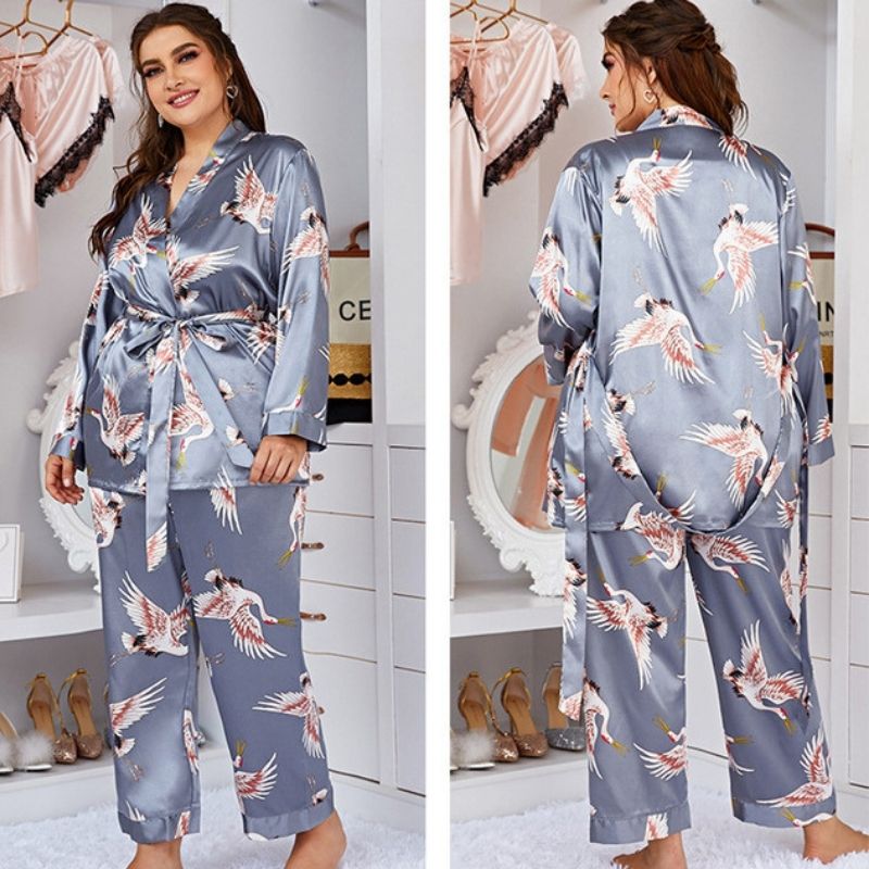 Women's Fog Grey Flamingo 3-Piece Silk Pajama Set - front view