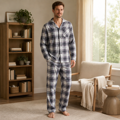 Men’s Plaid Cotton Flannel Button-Down Pajama Set - fabric detail