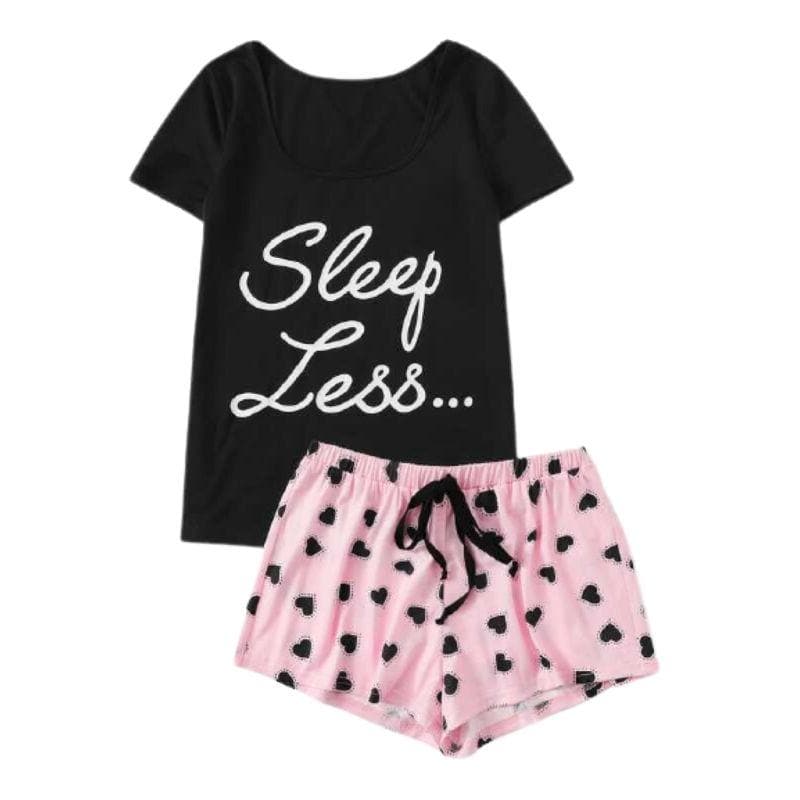 Women's Graphic Tee & Heart Print Shorts Set - front view