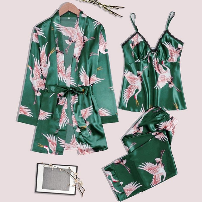 Women's Green Flamingo 3-Piece Pajama Set - front view