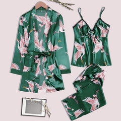 Women's Green Flamingo 3-Piece Pajama Set - front view