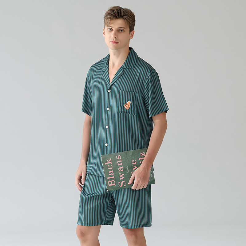 Men's Green Vertical Stripe Short-Sleeve Pajama Set - model wearing