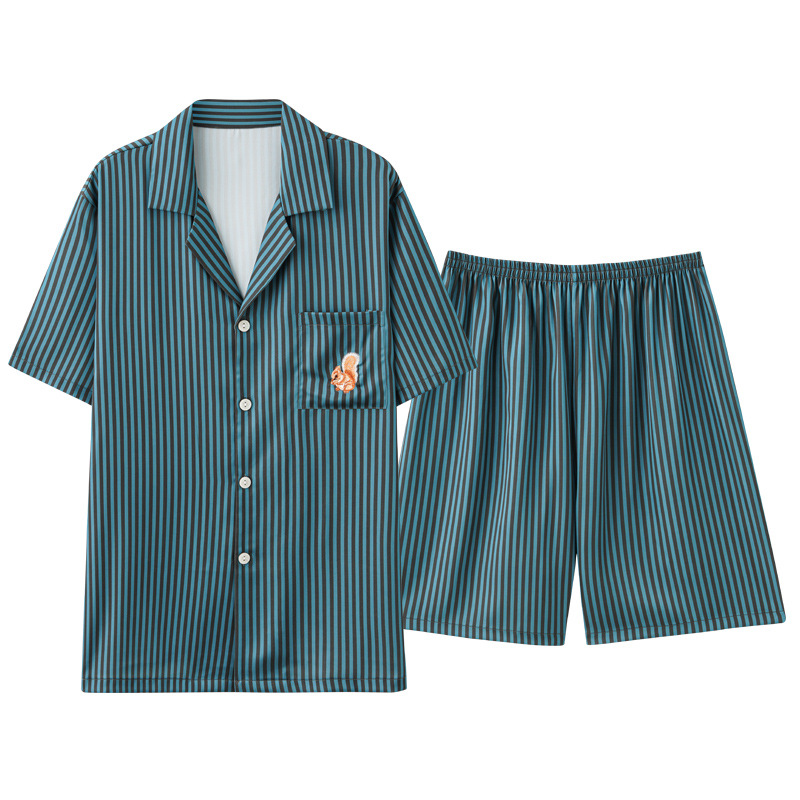 Men's Green Vertical Stripe Short-Sleeve Pajama Set - back view