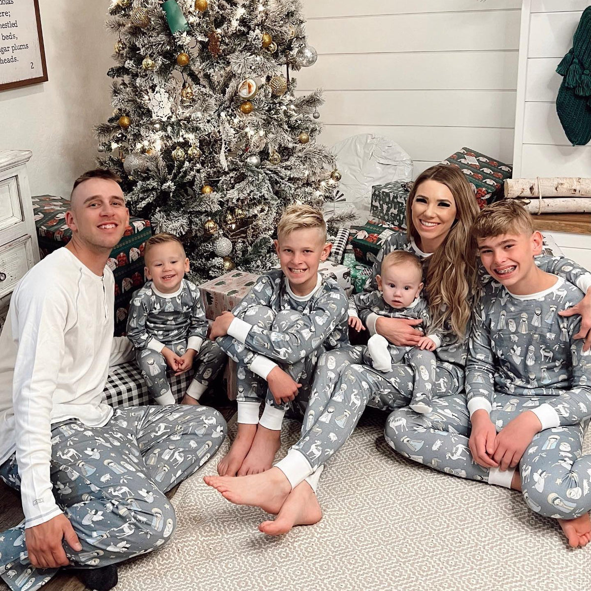 Grey and White Family Christmas Matching Pajamas - model wearing