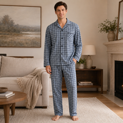 Men's Blue-Green Plaid Broadcloth Pajama Set - close-up detail