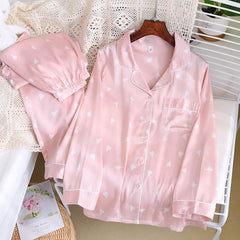 Women's Heart Print Long-Sleeve Silk Pajama Set - front view