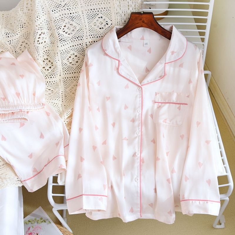 Women's Heart Print Long-Sleeve Silk Pajama Set - back view