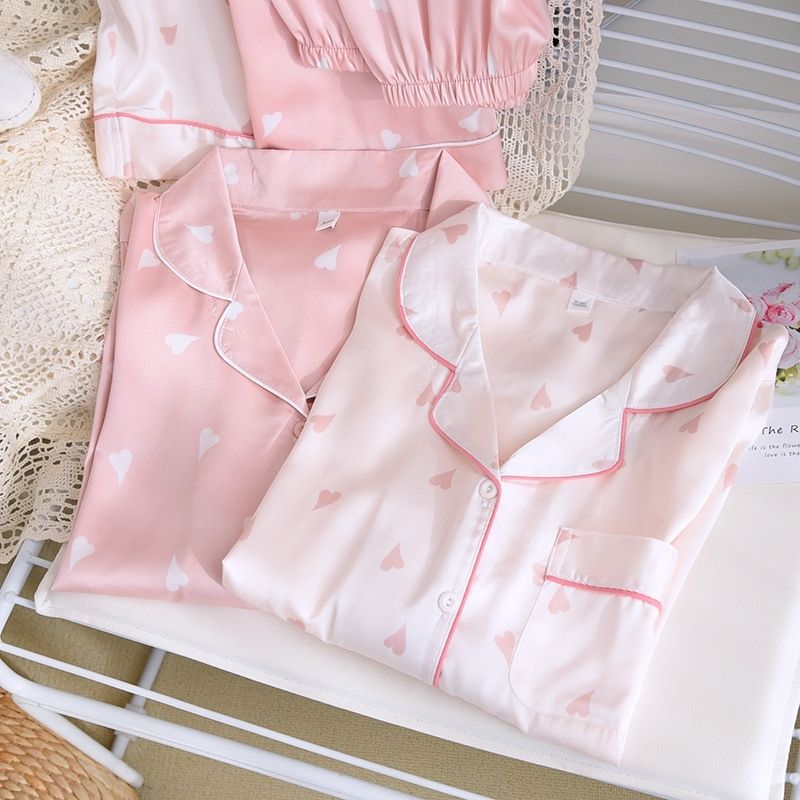 Women's Heart Print Long-Sleeve Silk Pajama Set - fabric detail