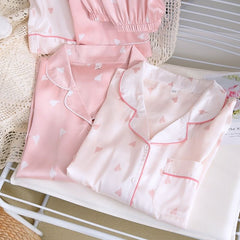 Women's Heart Print Long-Sleeve Silk Pajama Set - fabric detail