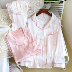 Women's Heart Print Long-Sleeve Silk Pajama Set - model wearing