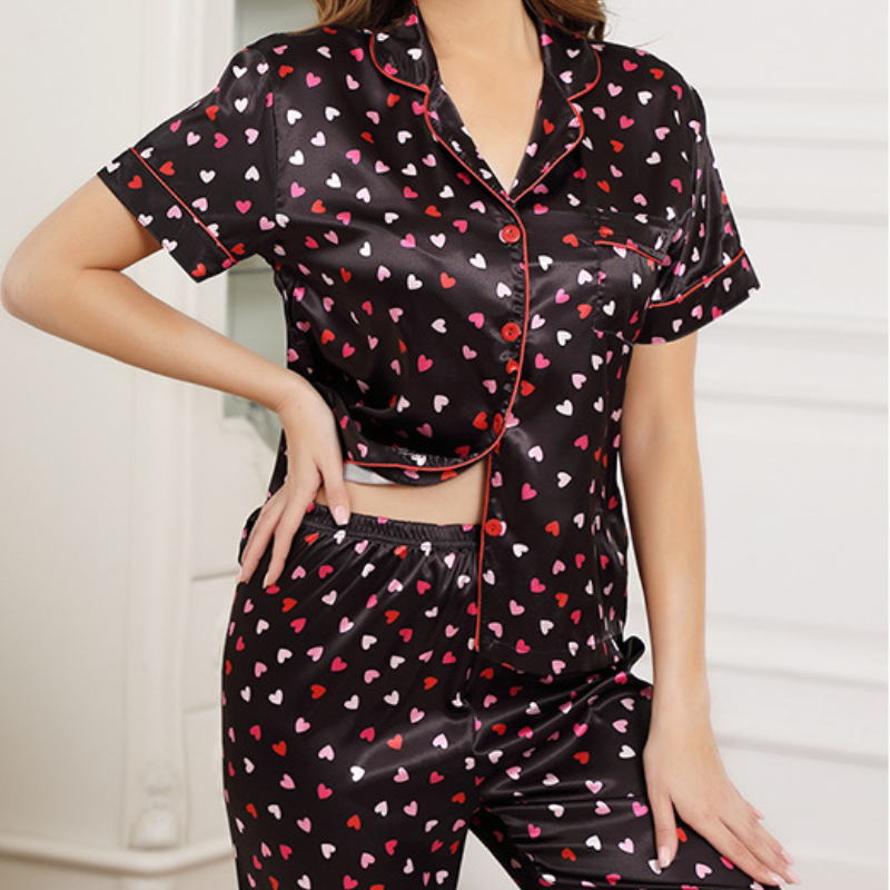 Women's Heart Print Lapel Silk Pajama Set - fabric detail