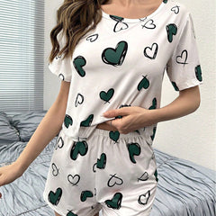 Women's Heart Print Shorts Set - model wearing