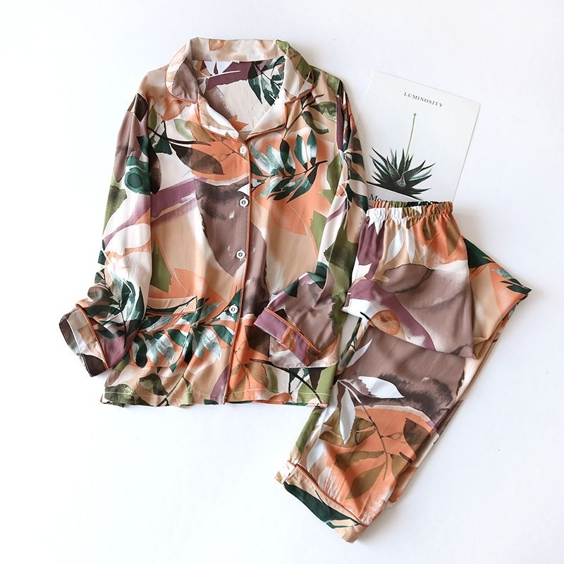 Women's Leaf & Flower Cotton Pajama Set - front view
