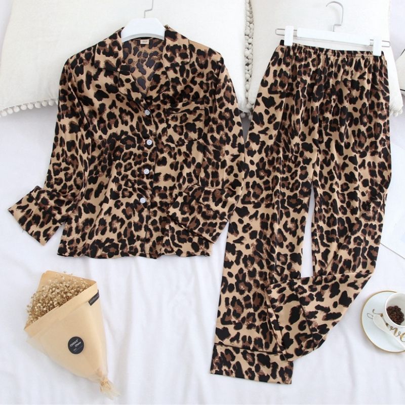 Women's Leopard Print Silk Pajama Set - front view