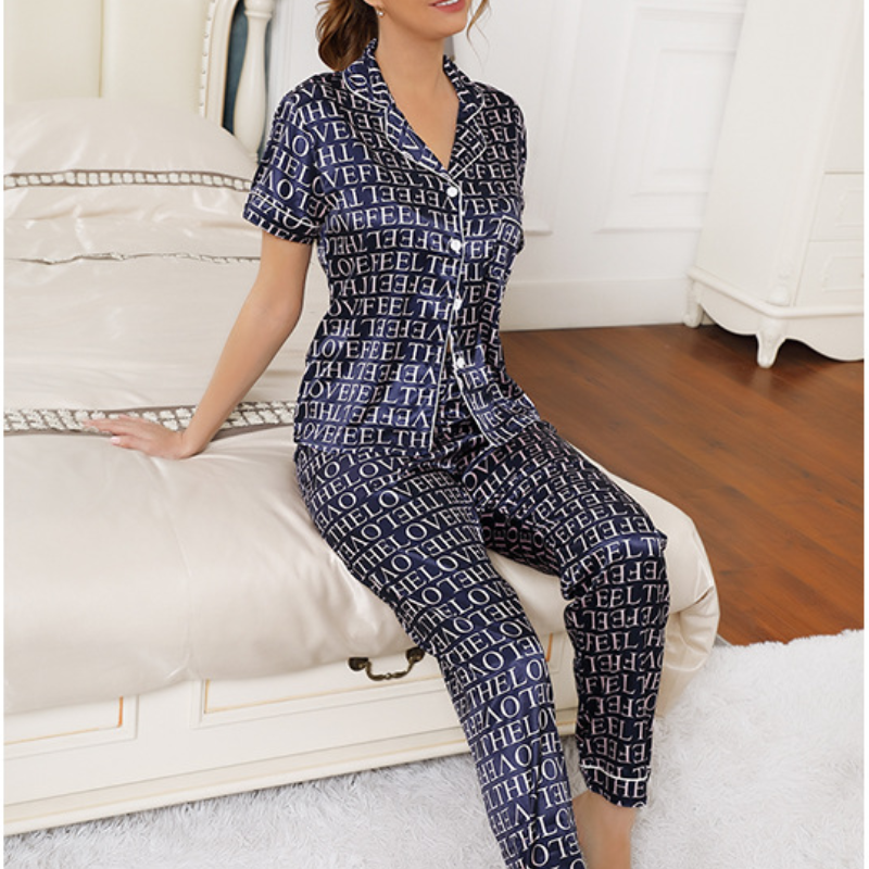 Women's Letter Print Satin Pajama Set - back view