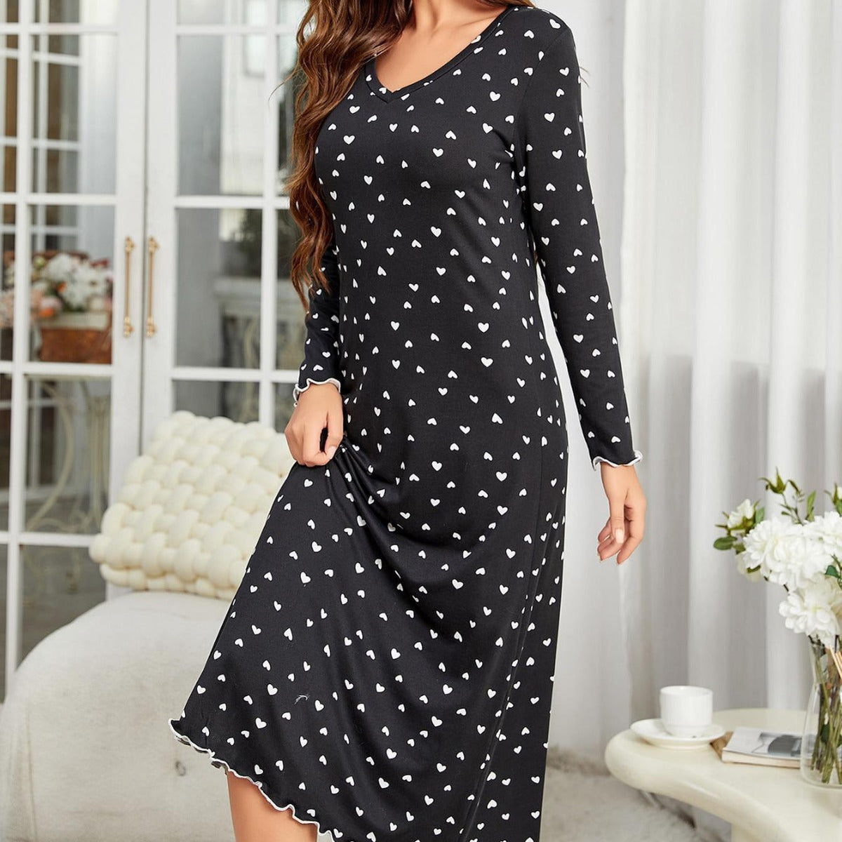 Women's Long-Sleeve Heart Print Loungewear - fabric detail