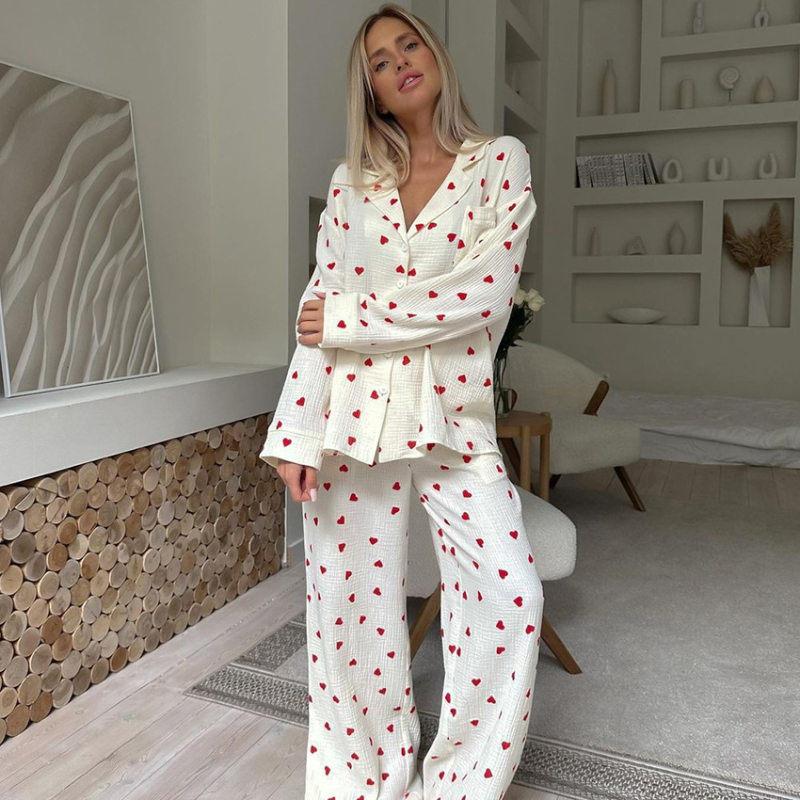 Women's Love Print Pure Cotton Wide-Leg Pajama Set - front view
