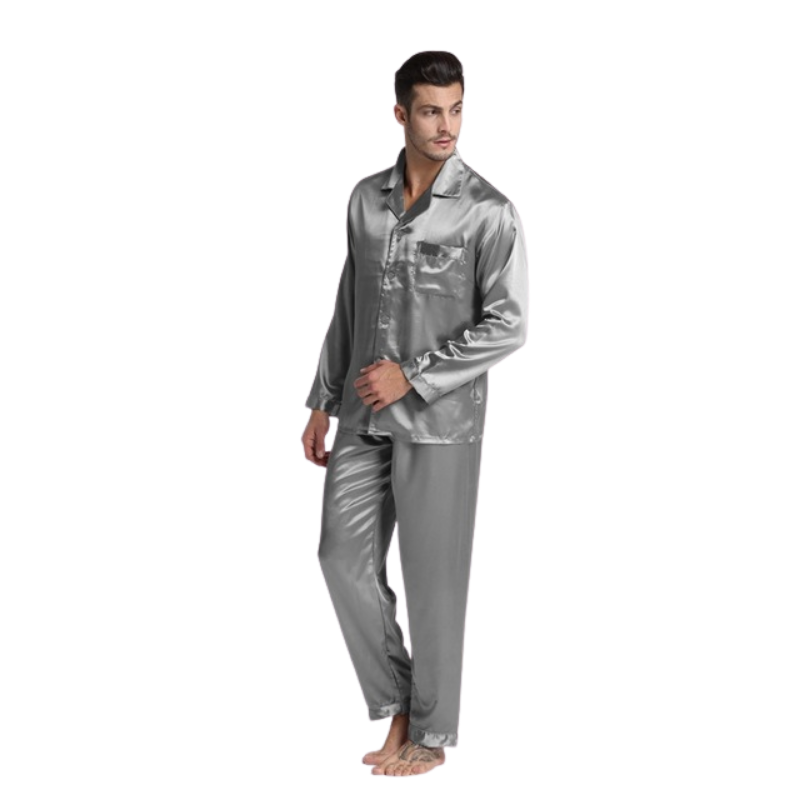 Men's Grey Silk Pajama Set - front view