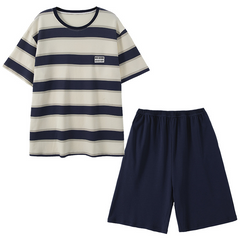 Men's Blue Stripe Cotton Pajama Shorts Set - back view