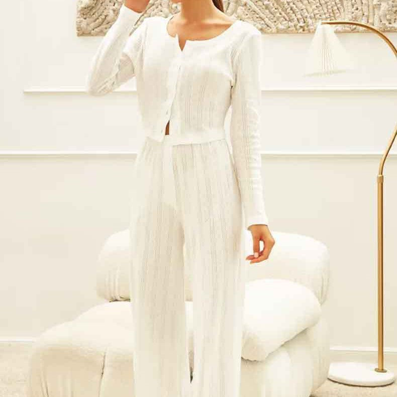 Women's Long Sleeve Cardigan & Knit Pajama Set - front view