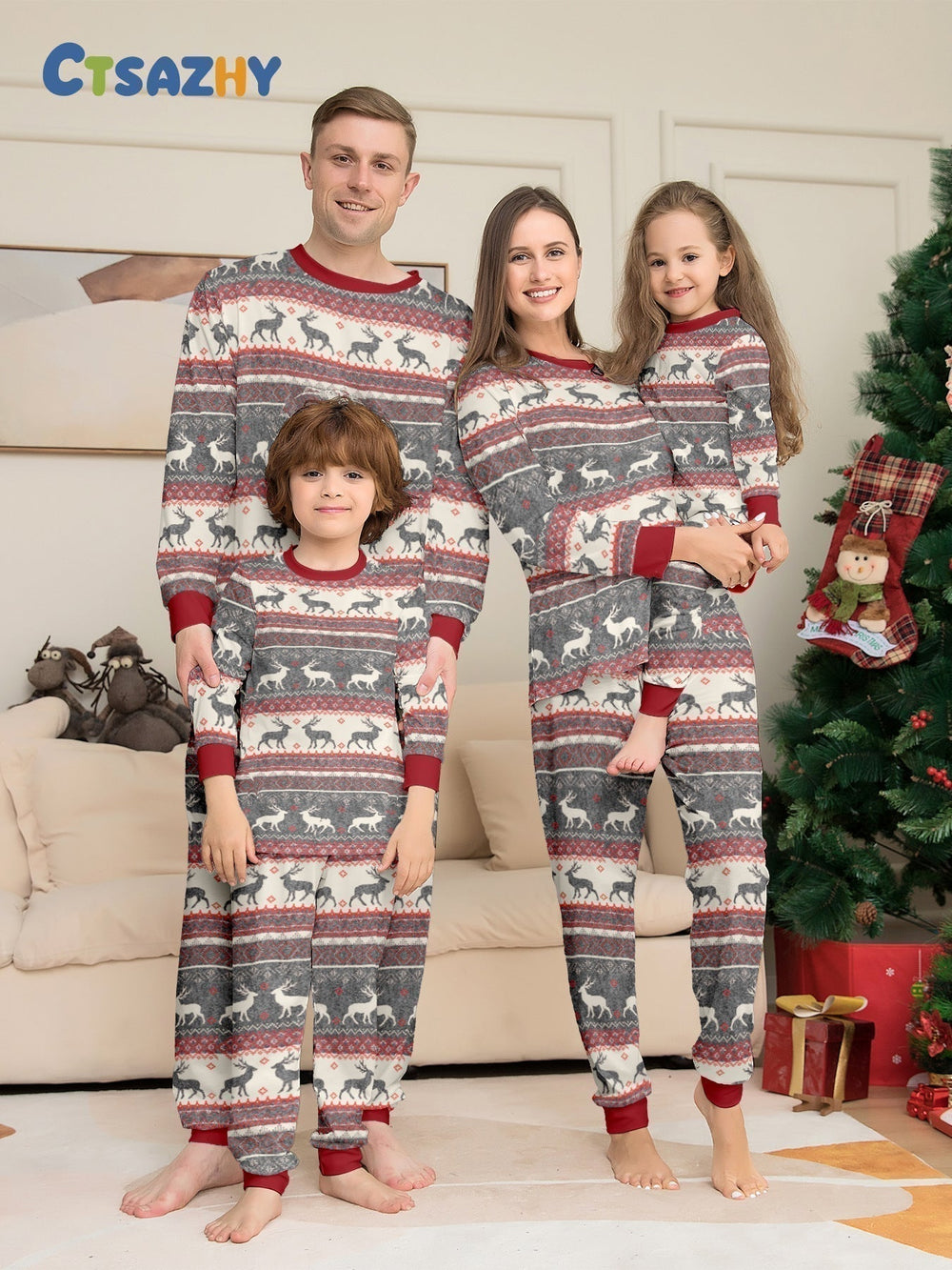 Christmas Elk Print Family Pajama Set - front view